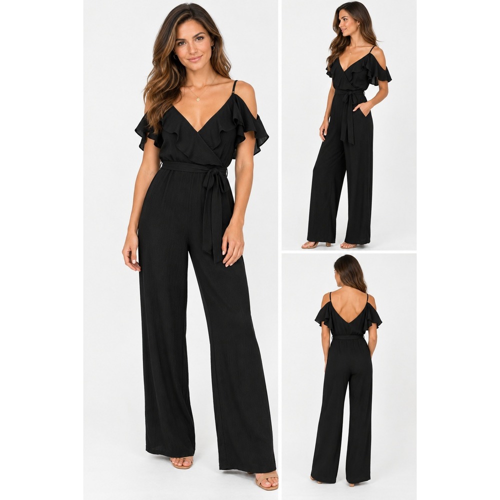 Favlux Fashion Black Cold Shoulder Ruffle Wide Leg Jumpsuit Medium Tie Waist